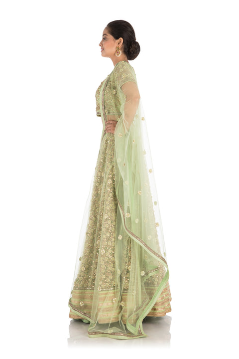 Complete Hand Embroidered Pistachio Green Heavy Lehenga Set