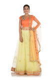 Hand Embroidered Bright Yellow And Orange Net Lehenga Set