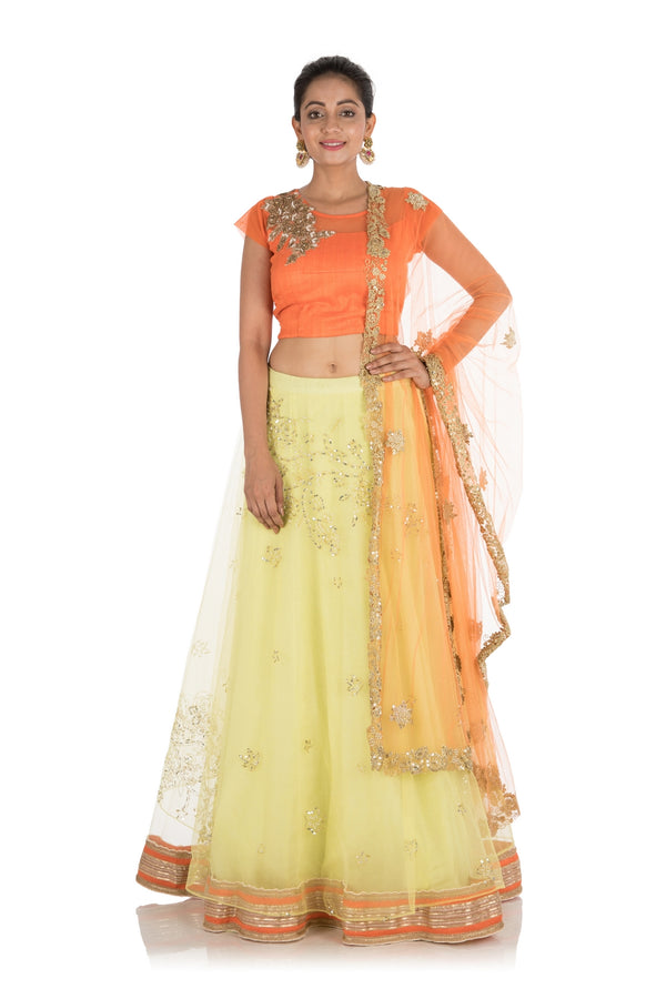 Hand Embroidered Bright Yellow And Orange Net Lehenga Set