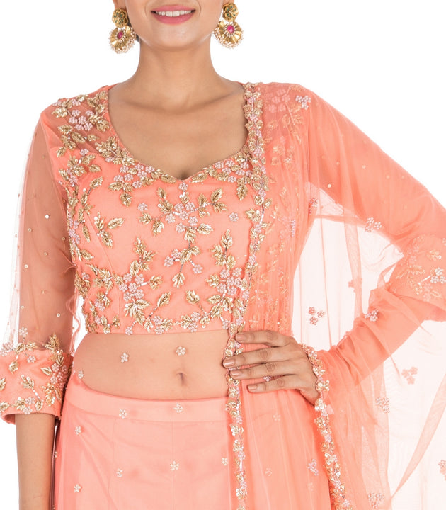 Hand Embroidered Ceramic Peach Jacket Lehenga Set