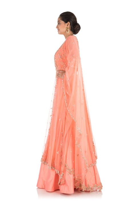 Hand Embroidered Ceramic Peach Jacket Lehenga Set