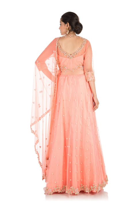 Hand Embroidered Ceramic Peach Jacket Lehenga Set