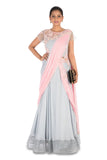 Hand Embroidered Pastel Pink & Grey Gown Saree