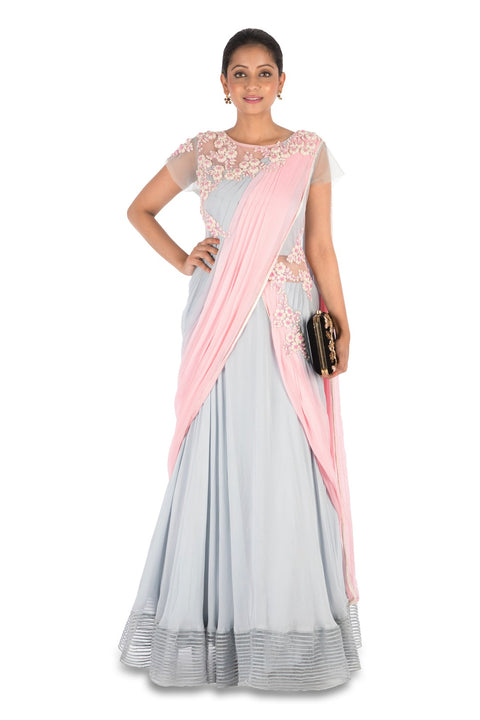 Hand Embroidered Pastel Pink & Grey Gown Saree