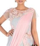 Hand Embroidered Pastel Pink & Grey Gown Saree