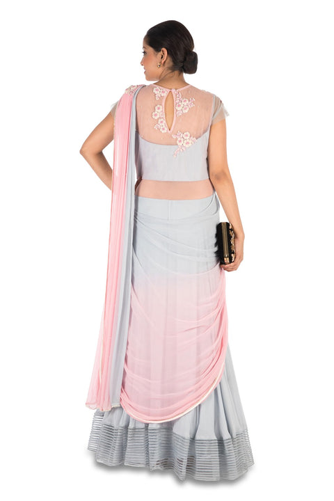 Hand Embroidered Pastel Pink & Grey Gown Saree