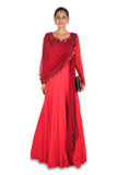 Hand Embroidered Crimson Red Flare Gown With Attahed Dupatta
