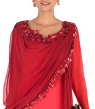 Hand Embroidered Crimson Red Flare Gown With Attahed Dupatta