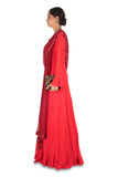 Hand Embroidered Crimson Red Flare Gown With Attahed Dupatta