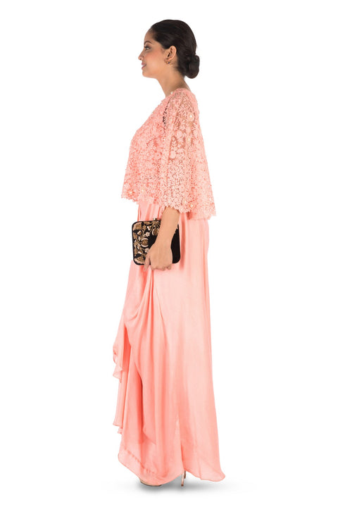 Hand Embroidered Pretty Peach Drape Skirt & Cape Set