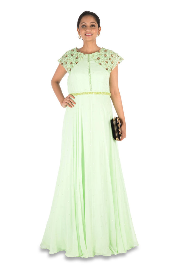 Hand Embroidered Mint Green Gown