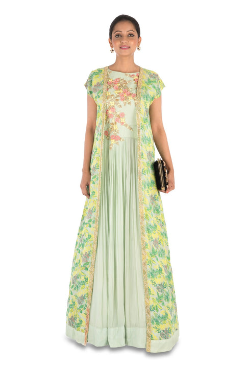 Hand Embroidered Pale Green Micro Pleated Flare Gown With Printed Jacket