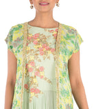 Hand Embroidered Pale Green Micro Pleated Flare Gown With Printed Jacket