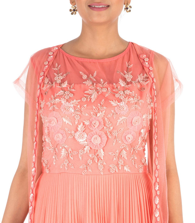 Hand Embroidered Coral Mirco Pleated Flare Gown With Jacket
