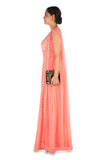 Hand Embroidered Coral Mirco Pleated Flare Gown With Jacket