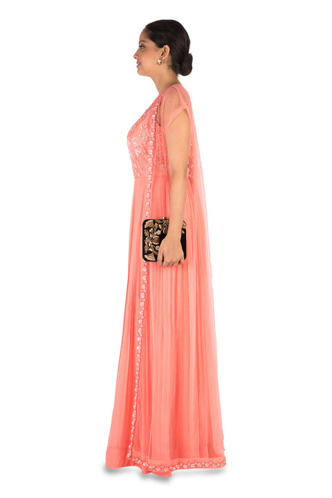 Hand Embroidered Coral Mirco Pleated Flare Gown With Jacket