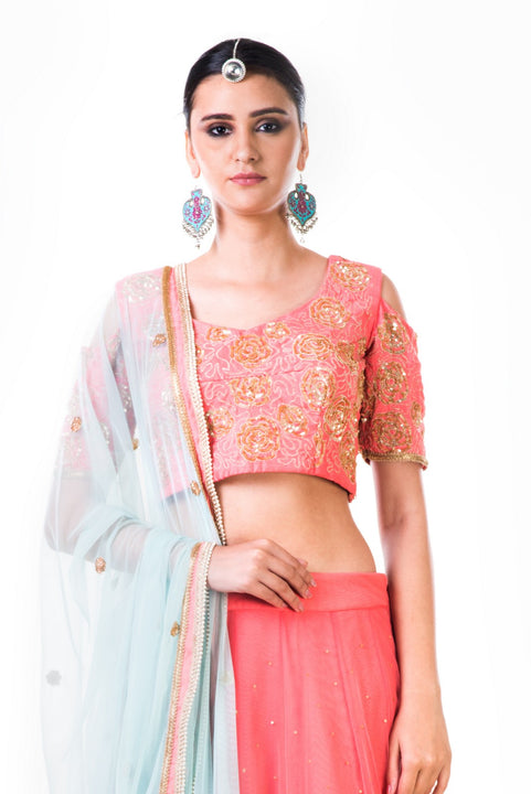 Embroidered Peach Net Lehenga Set With Blue Dupatta