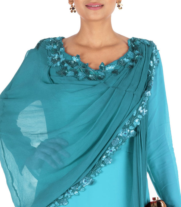 Hand Embroidered Cerulean Blue Flare Gown With Attahed Dupatta