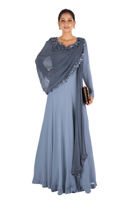 Hand Embroidered Grey Gown With Attahed Dupatta
