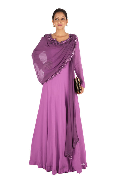Hand Embroidered Purple Gown With Attahed Dupatta