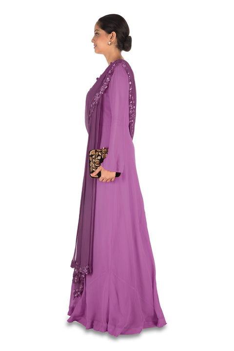 Hand Embroidered Purple Gown With Attahed Dupatta