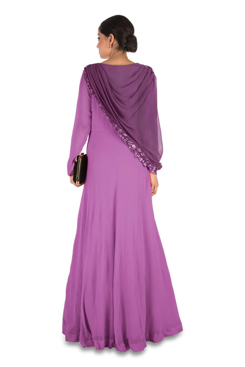 Hand Embroidered Purple Gown With Attahed Dupatta