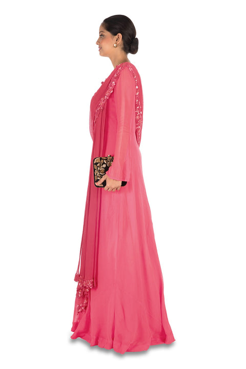 Hand Embroidered Sweet Pink Gown With Attahed Dupatta