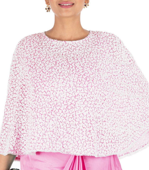 Hand Embroidered Pink Drape Skirt & Cape Set