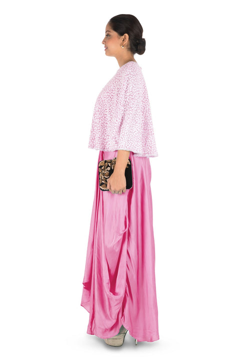 Hand Embroidered Pink Drape Skirt & Cape Set