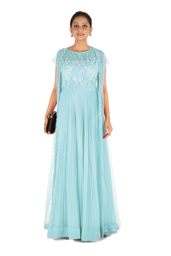 Hand Embroidered Powder Blue Mirco Pleated Flare Gown With Jacket