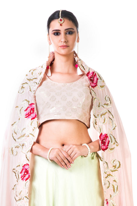 Green Silk Lehenga With A Brocade Blouse And Multi colorHabutai Silk Dupatta