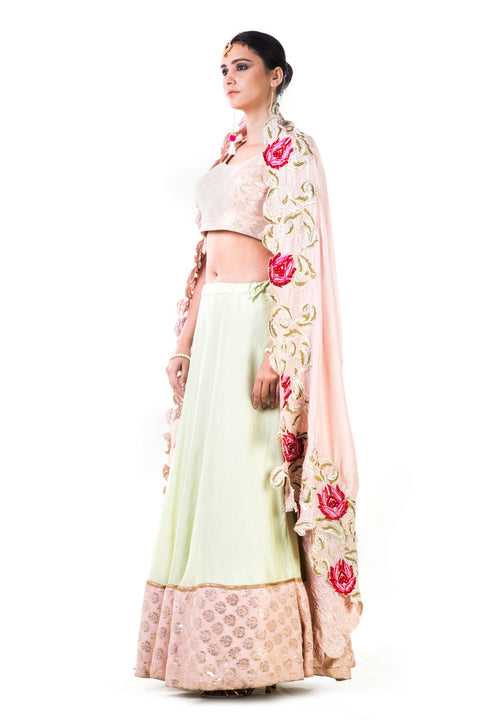 Green Silk Lehenga With A Brocade Blouse And Multi colorHabutai Silk Dupatta