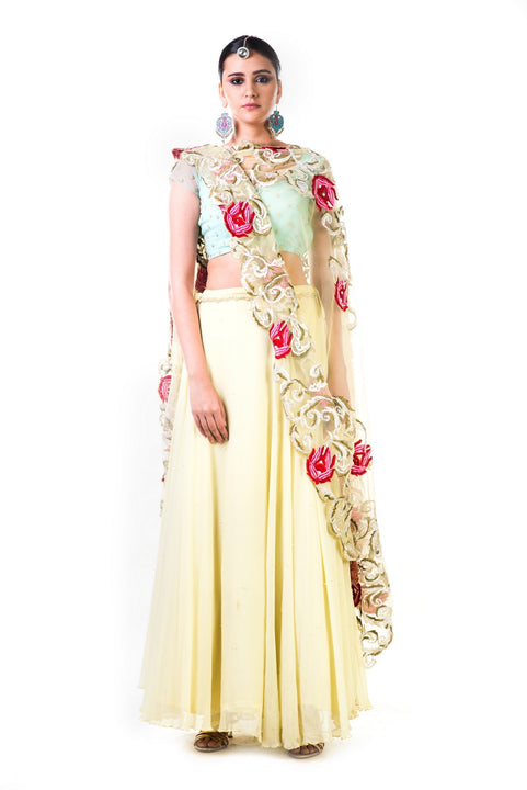 Lemon Green Chiffon Lehenga With A Sea Green Blouse And MulticolorDupatta