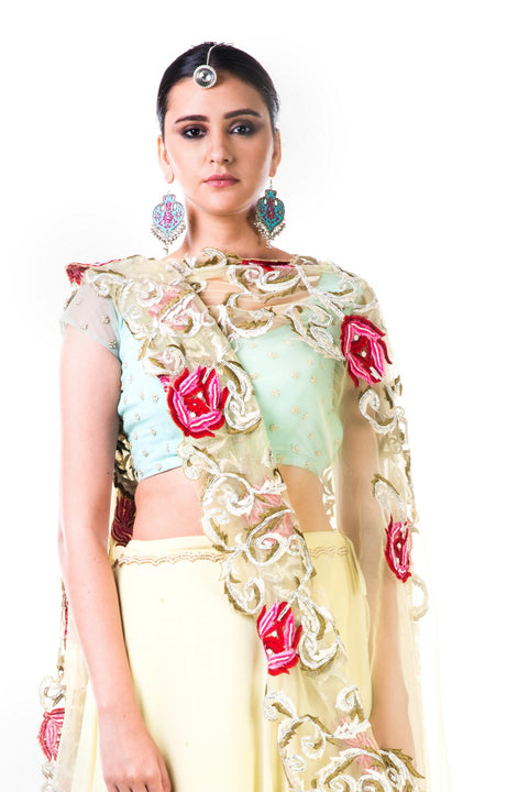 Lemon Green Chiffon Lehenga With A Sea Green Blouse And MulticolorDupatta