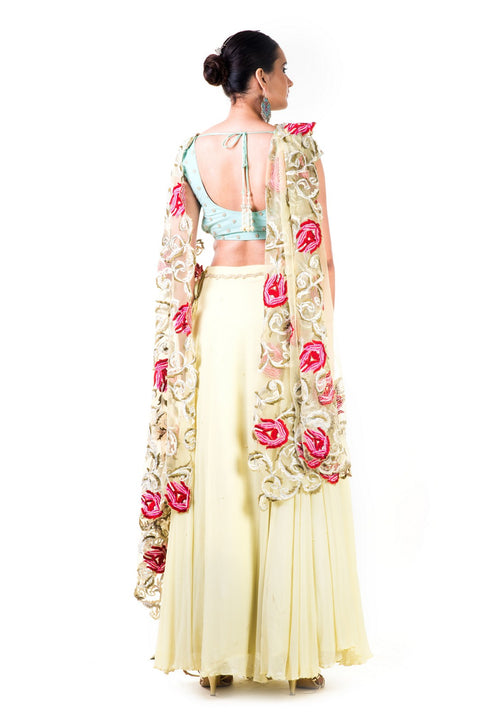 Lemon Green Chiffon Lehenga With A Sea Green Blouse And MulticolorDupatta