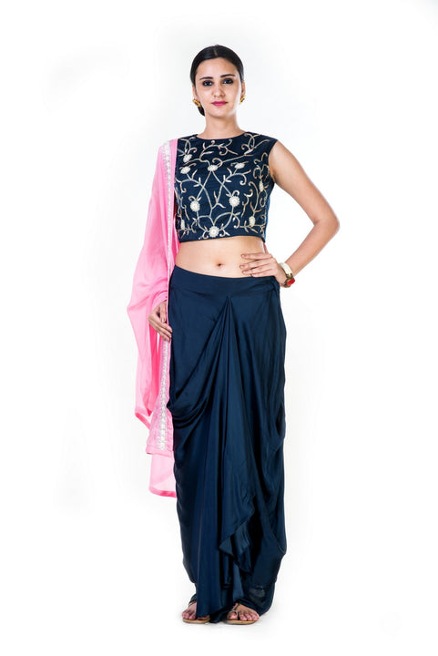 Hand Embroidered Navy Blue Crop Top & A Draped Skirt With A Pink Dupatta