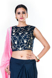 Hand Embroidered Navy Blue Crop Top & A Draped Skirt With A Pink Dupatta