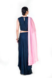 Hand Embroidered Navy Blue Crop Top & A Draped Skirt With A Pink Dupatta