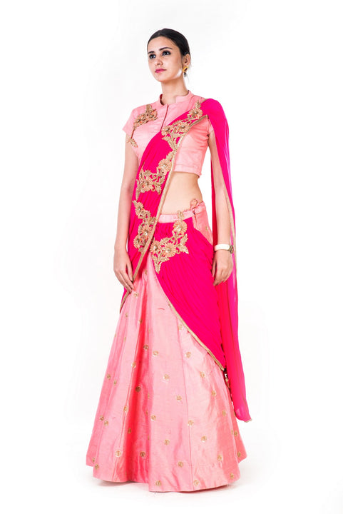 Hand Embroidered Peach & Rani Pink Lehenga With An Attached Dupatta