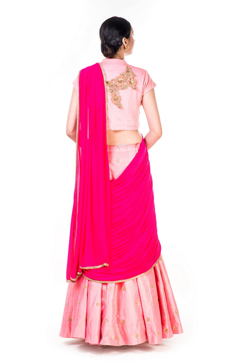 Hand Embroidered Peach & Rani Pink Lehenga With An Attached Dupatta