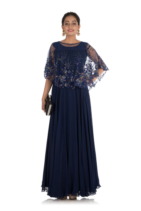 Floral Hand Embroidered Midnight Blue Cape Gown Floral Hand Embroidered Midnight Blue Cape Gown