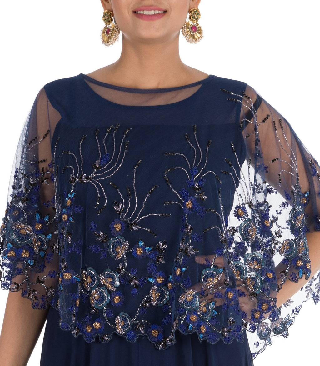 Floral Hand Embroidered Midnight Blue Cape Gown Floral Hand Embroidered Midnight Blue Cape Gown