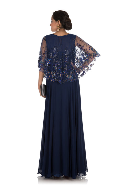 Floral Hand Embroidered Midnight Blue Cape Gown