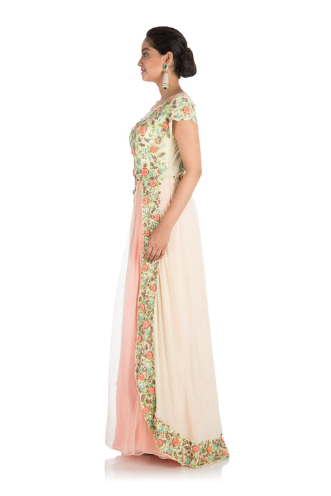 Hand Embroidered Pale Peach And Yellow Gown