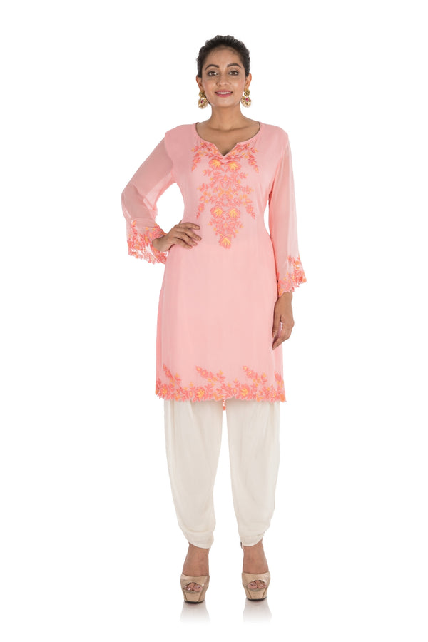 Powder Pink Embroidered Kurti With White Dhoti Pants