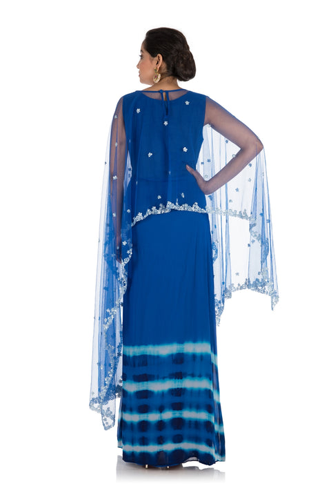 Hand Embroidered Royal Blue Tie & Dye Cape Gown