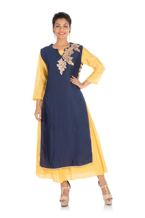 Gota Work Navy Blue & Yellow Double Layer Kurti