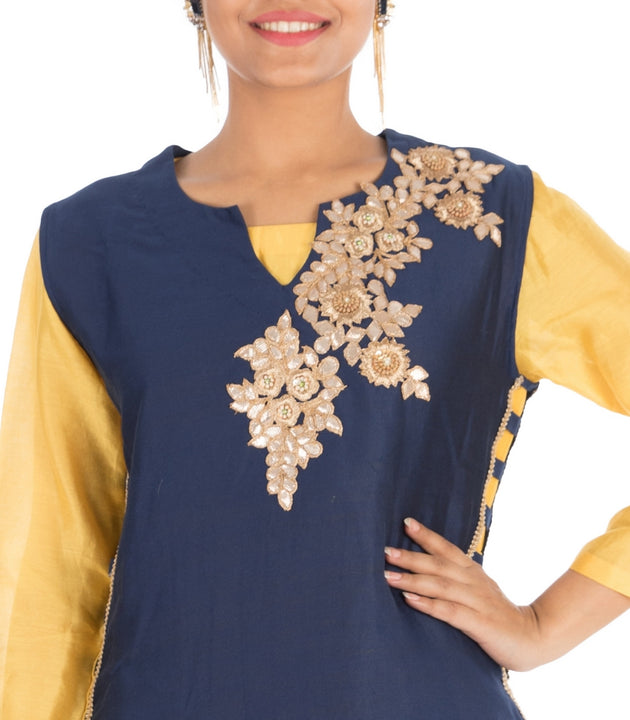 Gota Work Navy Blue & Yellow Double Layer Kurti