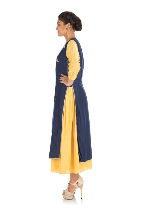 Gota Work Navy Blue & Yellow Double Layer Kurti