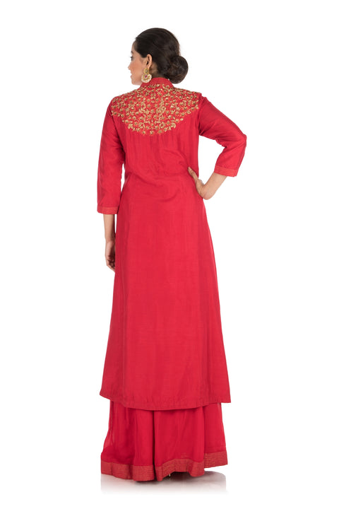 Hand Embroidered Apple Red Bandhgala Sharara Set